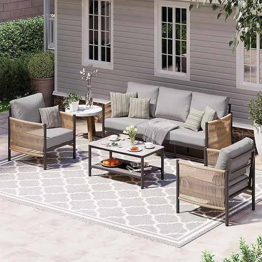 Aluminum Outdoor Patio Furniture Set with Dual-Layer Coffee Table, 4 Piece Modern Patio Conversation Sets with PE Rope, Outdoor Sectional Sofa with Thick Cushions for Balcony, Porch, Gray