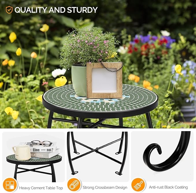 VINGLI Mosaic Print Accent Table, 14" Round Side Table,End Table, Plant Stand Decor for Patio Porch Balcony Back Deck Pool Indoor Outdoor Coffee, Metal Cobalt Glass Top Black Iron(Green Garden)