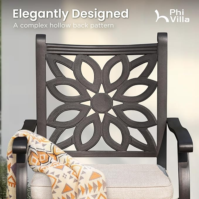 PHI VILLA Outdoor Swivel Bar Stools Set of 4, Cast Aluminum Patio Pub Height Bar Stool & Chairs with Seat Cushion