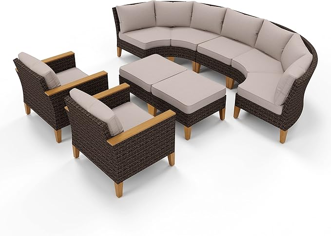 PHI VILLA 7-Piece Wicker Patio Furniture Set, Outdoor Half-Moon Curved Sectional Sofa with Thick Beige Cushions, 2 Ottomans, 2 Single Seats, Large Conversation Seating for Garden or Backyard