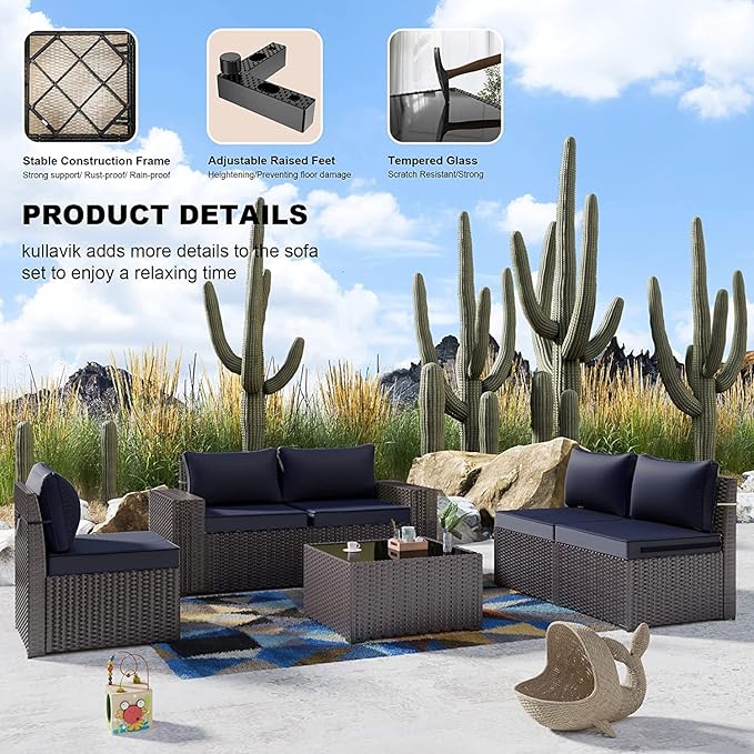 Kullavik Outdoor Patio Furniture Set,12 Pieces Sectional Rattan Sofa Set Brown PE Rattan Wicker Patio Conversation Set with 10 Seat Cushions and 2 Tempered Glass Coffee Table,Navy Blue
