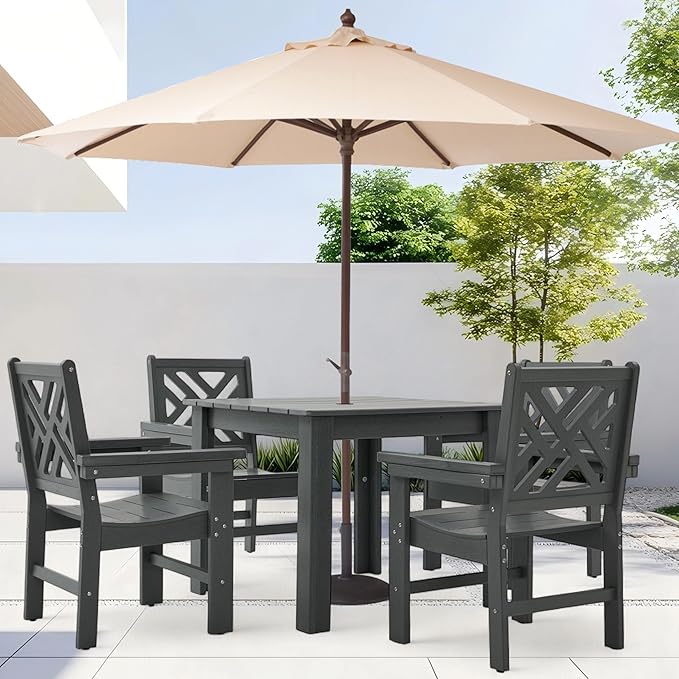 HDPE Outdoor Dining Set,5-Piece Outdoor Table and Chairs Include 4 Armchair Chairs and 35.5" Square Patio Dining Table with Umbrella Hole (Gray)