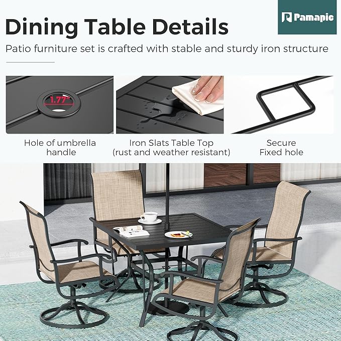 5-Piece Outdoor Dining Set, Patio Furniture Set with Textilene Swivel Chairs, Outdoor Table & 4 Chairs for Garden, Backyard, Poolside, Deck, Beige