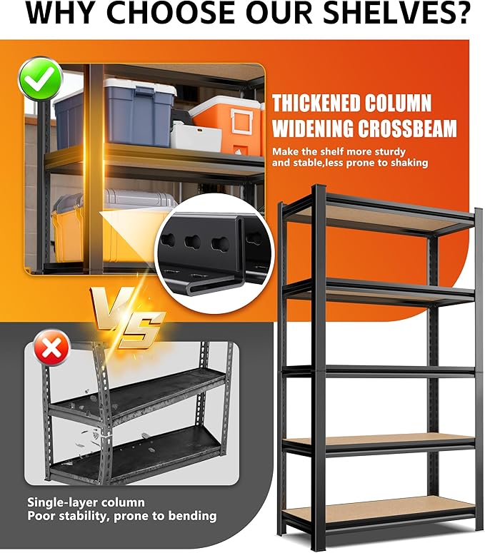 AOAORRG Set of 5 Garage Shelving Heavy Duty Storage Shelves, Metal Adjustable Shelving Unit, Utility Garage Organizer Shelf for Basement, Pantry, Kitchen, Warehouse, 45.6" Wx17.7 Dx71.2 H, Black