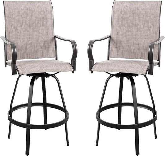 Vongrasig 2 Piece Patio Swivel Bar Chairs, All Weather Metal Textile High Swivel Bar Stools Chairs, Outdoor High Top Bistro Set for Backyard, Lawn Garden, Balcony, Taupe
