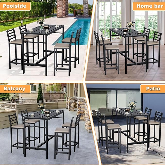 5 Piece Outdoor Patio Bar Set, 50" Rectangular Counter Height High Top Bar Table Patio Bar Set, 4 Cushioned 41" Bar Stools Modern Metal Outdoor Bar Set for Poolside, Balcony, Backyard, Porch