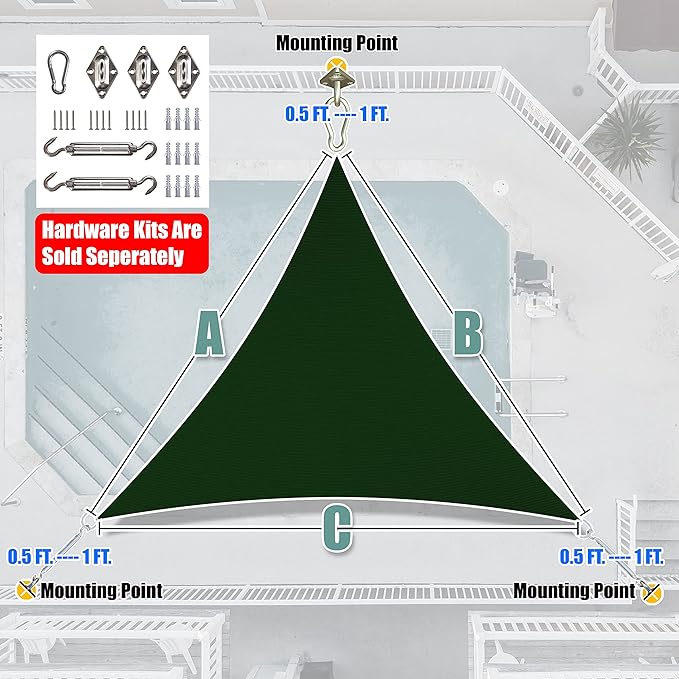 Amgo Custom Size 17' x 17' x 17' Green Triangle Sun Shade Sail Order to Make Canopy Awning UPF50+ AGSLT, 95% UV Blockage, Water & Air Permeable, 200GSM Commercial Standard (We Customize)