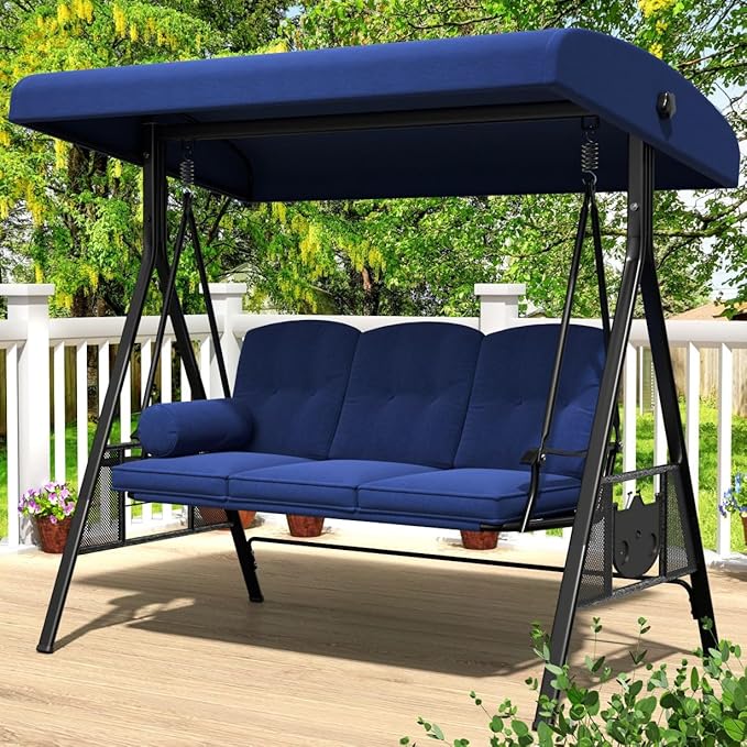 AECOJOY Outdoor Porch Swing, 3-Seat Porch Swing with Adjustable Canopy, Outdoor Swings for Adult with Dark Blue Removable Cushions for Backyard, Garden, Yard, Poolside, Balcony