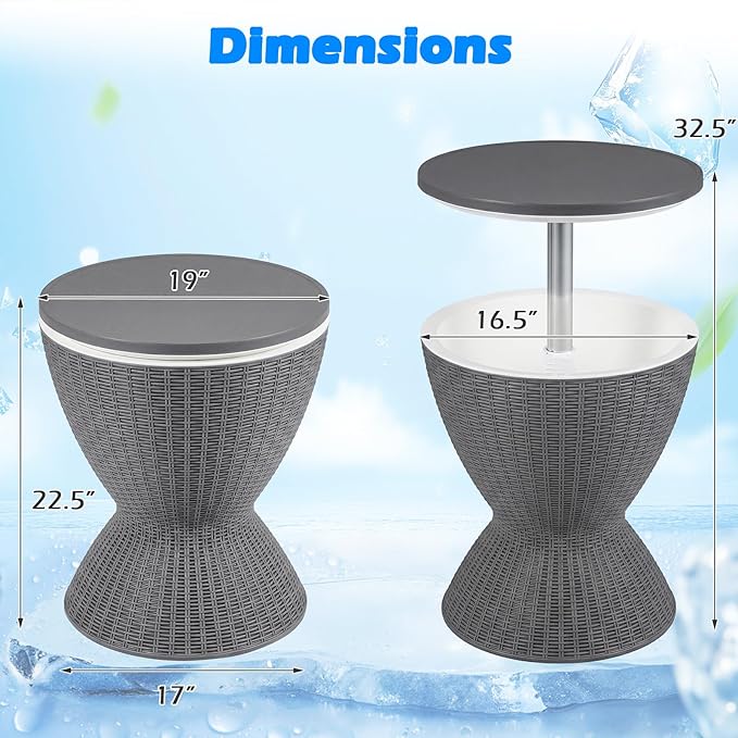 Tangkula Outdoor Cool Bar Table, Rattan Patio 8 Gallon Beer & Wine Cooler, All-Weather Ice Bucket w/Height Adjustable Top, Drainage Plug, 3-in-1 Cocktail Bar Table for Party, Barbecue, Picnic (Grey)