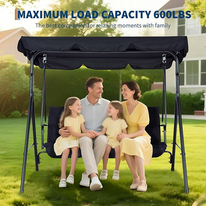 Porch Swing Chair with Adjustable Canopy for Adults 3-Seat Patio Glider Bench with Thick Cushions Steel Frame Outdoor Swing Chair for Backyard Lawn Garden Black