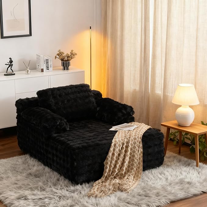VINGLI 67.7" Oversized Chaise Lounge Chair Indoor Reading Chairs Comfy Bubble Fleece Upholstered Boneless Sofa Bed Sleeper Sofa Cloud Couches for Living Room, Bedroom, Play Room (Black)