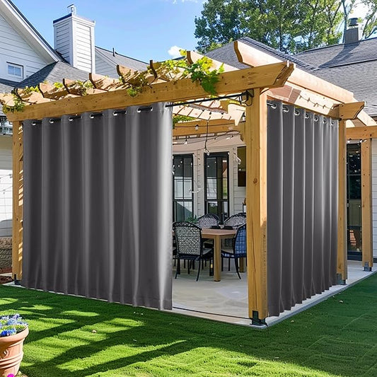NICETOWN 2 Panels Outdoor Curtains for Patio Waterproof, W100 x L95 Windproof Extra Wide Grommet & Back Tab on Top & Bottom Thermal Insulated Sun Blocking Drapes with Rope for Gazebo, Grey