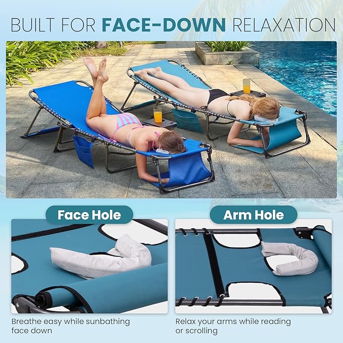 FUNDANGO 4 in 1 Tanning Chair with Face Hole & Canopy Shade, Beach Lounge Chair with Side Table Chaise Lounge Chairs for Patio, Pool, Lawn, Sunbathing, 5-Position Adjustable Sun Lounger,Cyan