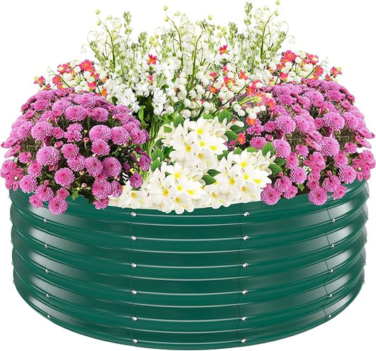 17" Tall Elevated Round Metal Rised Garden Bed- 4'x4' in Size and 0.8MM Thick Durable Planter Box for Vegetables Flowers Succulent at Patio/Garden Outdoor (Dark Green, 4FT Diameter)