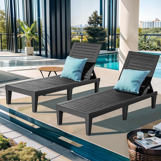 ROJIK Outdoor Chaise Lounge Chair Set of 4,with 5-Position Adjustable Backrest,Waterproof & Lightweight | Durable Indoor/Outdoor Patio Lounger Chair for Garden Pool Beach,Black