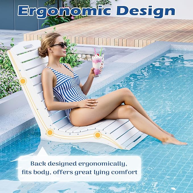MELLCOM HDPE Pool Lounge Chair, in Pool Lounge Chair up to 10-Inches of Water, Chaise Lounge Chair with Wheels, S Shape Patio Lounge Chair for Pool, Deck, Garden, Beach, White