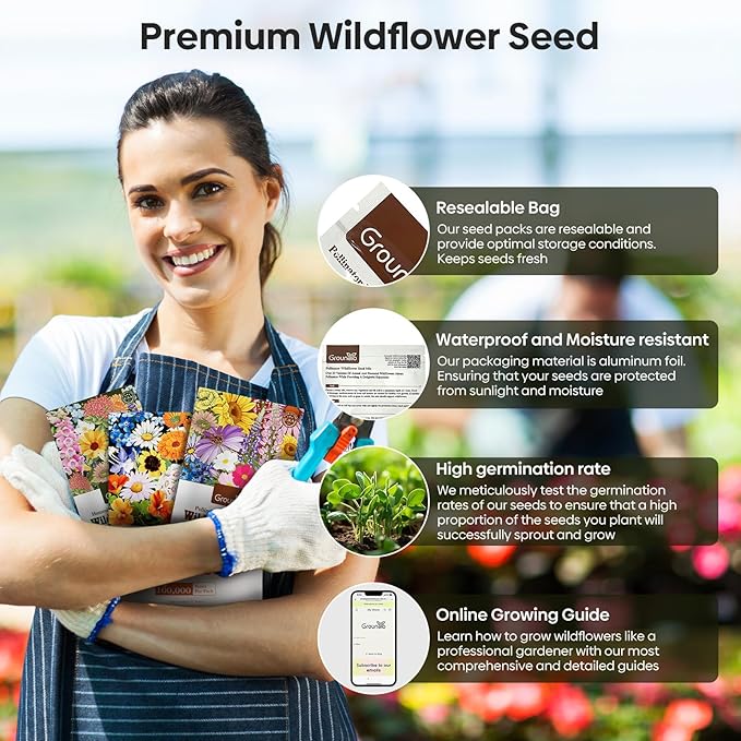Groundio Wildflower Seeds Mix, 2 Oz, 50,000+ Seeds, 28 Varieties, Attracts Bees, Butterflies & Birds, Colorful Flowers