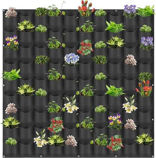 Hanging Planting Grow Bags, 90 Pockets Wall Planter Wall Mounted Grow Bag Outdoor Indoor Gardening Vertical Greening Flower Container, Planting Bags Storage Bags(1.1 m × 1.1 m, Black)