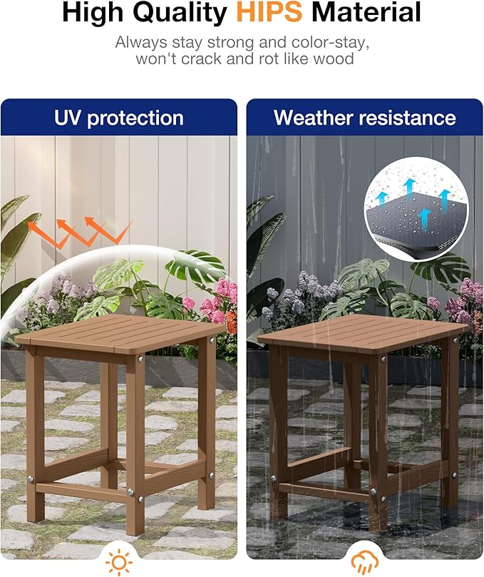 YEFU Outdoor Side Table for Patio: 16" HIPS Weather - Resistant Adirondack Tables Set of 2 - Small Square End Tables for Backyard Pool Porch Balcony - Indoor Outdoor Durable Table Teak