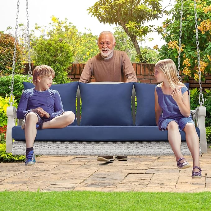 Heavy Duty 900 LBS Porch Swing Chair 3-Person Outdoor Rattan Patio Swing Lounge w/Cup-Holder & Steel Chains Wicker Hanging Bench Porch Swing Cushions for Deck & Backyard & Garden