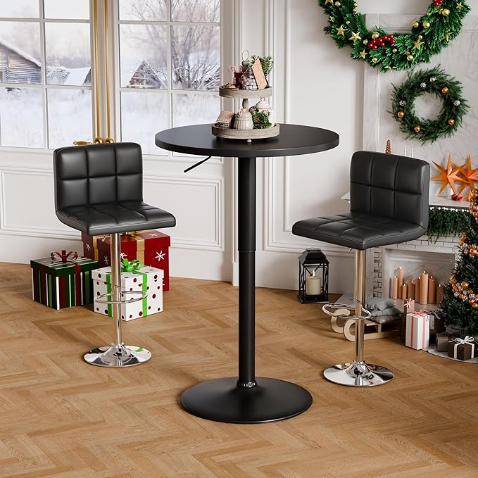 Flamaker Round Bistro Pub Table 23.6 Inch Height Adjustable 360° Swivel Bar Table Metal Base for Pub, Dining Room, Party (2, Full Black)