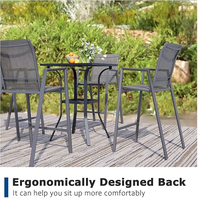 Outdoor Bar Stools Set of 2, 44'' Patio Bar Chairs with Textile High Back, Bar Height Chairs with Straight Armrest and Footrest, Grey
