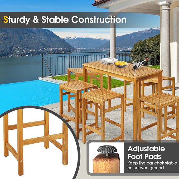 Tangkula 7 Piece Outdoor Acacia Wood Bar Table Set, 45" Rectangular High Top Table with 6 Saddle Seat Bar Height Stools, Space-Saving Patio Dining Set for 6, for Deck, Garden and Porch