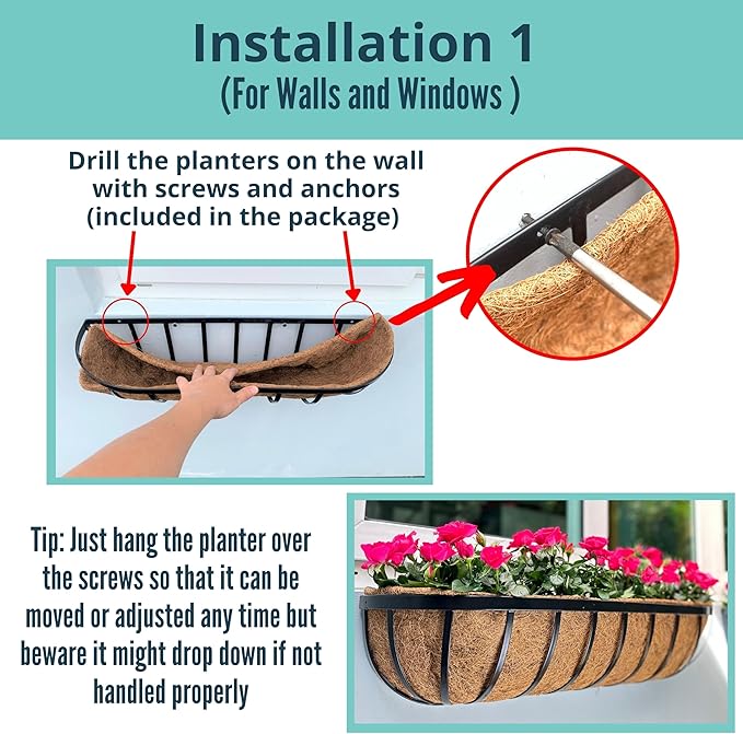 LaLaGreen Deck Railing Planter Boxes for Plants (24 Inch, 6 Pack) Metal Wall Planters for Outdoor Plants, Black Window Flower Boxes Deck Railings with Coco Liner Fence Balcony Patio Porch Over Rail