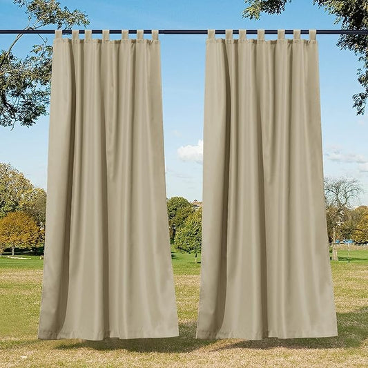 NICETOWN 2 Panels Outdoor Curtains for Patio Waterproof, Sun Block Tab Top Thermal Insulated Outdoor Vertical Drapes Privacy for Pergola/Gazebo/Bath, W55 x L95 Inch, Taupe