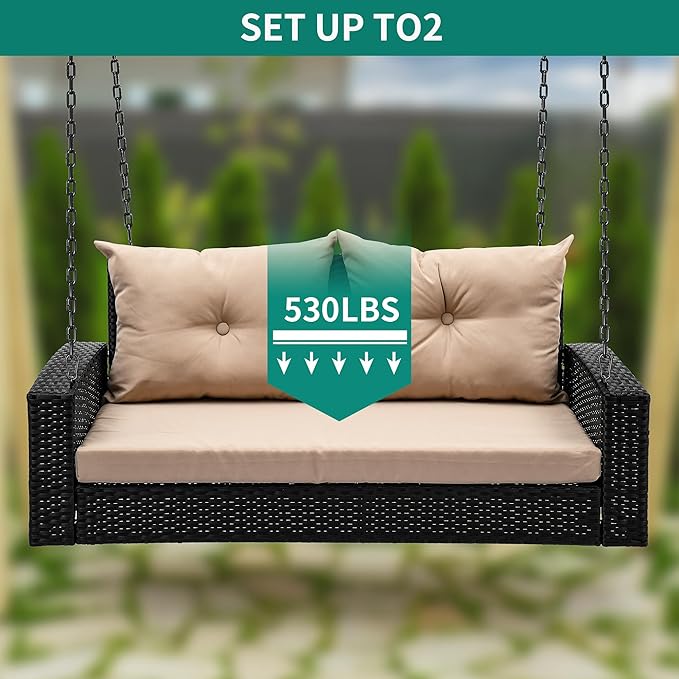 YITAHOME Wicker Hanging Porch Swing Chair 2-Seats Outdoor Black Rattan Patio Swing Lounge w/ 2 Back Cushions Capacity 530lbs for Garden, Balcony, Living Room, Beige