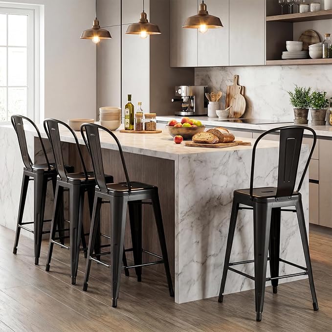 COSTWAY 24'' Metal Bar stools Set of 4, with Removable Back, Counter Height Stools with Rubber Feet, Stylish and Modern Chairs, for Kitchen, Dining Rooms, and Side Bar (Black-Update, 24'')