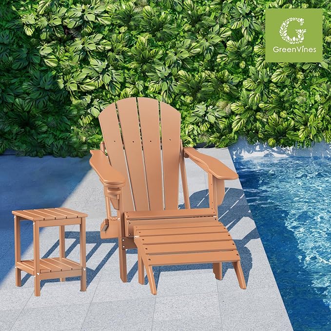GREENVINES Adirondack-Outdoor-Side-Table | Set of 4 | 14 x 13 Inches | HDPE Plastic | All Weather | Teak | Outside End Tables | Storage Shelf | for Patio Porch Backyard Indoor