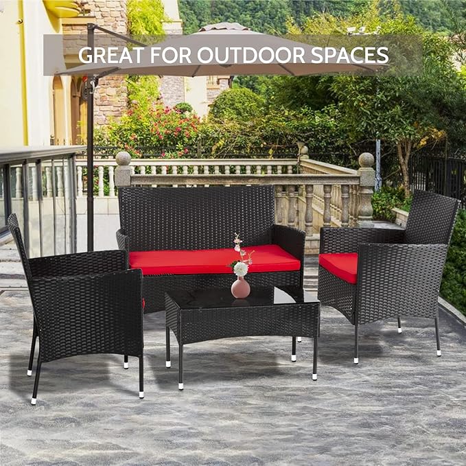 FDW Rattan Furniture Wicker Chair Patio Bristo Set for Outdoor Indoor Use with Loveseats Coffee Table,Red Cushion, 4-Pieces