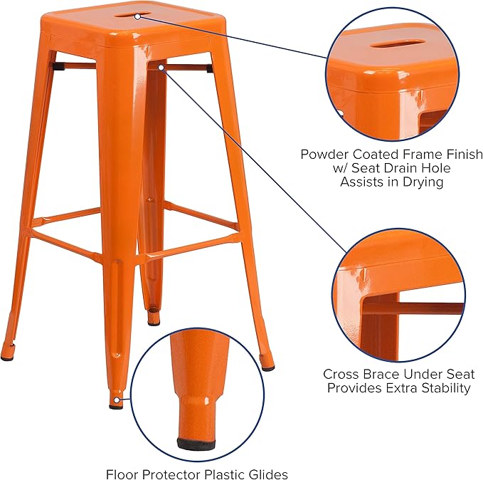 Flash Furniture Lily 4 Pack Commercial Grade 30" High Backless Orange Metal Indoor-Outdoor Barstool with Square Seat