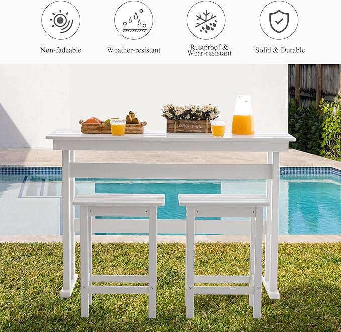 3 Pcs HDPE Outdoor Bar Set of 2 Includes Bar Height Table and Chairs, Patio Bar Stools Set for Bistro, Poolside, Backyard, White