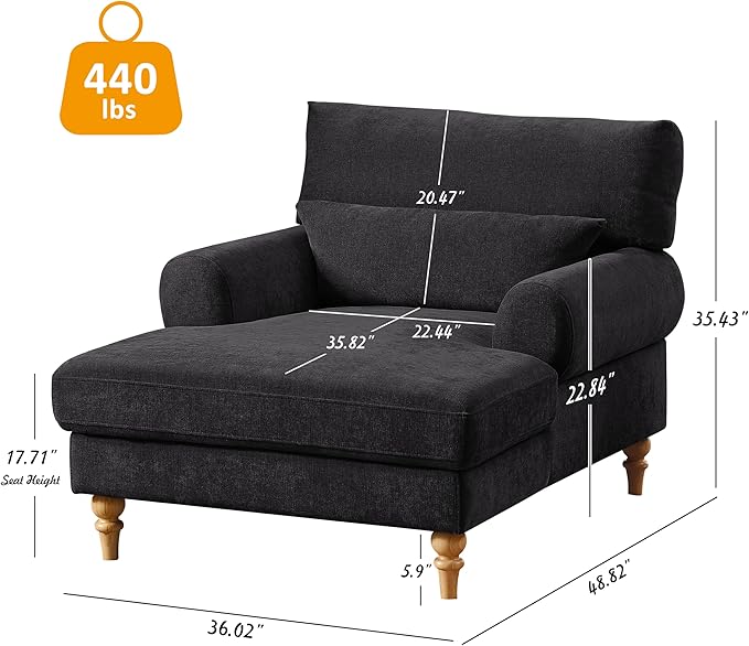 Modern Chaise Lounge Chair with Adjustable Backrest, Upholstered Indoor Leisure Sofa Recliner, Oversized Accent Chair Deep Seat Reading Armchair for Living Room, Bedroom, Office, Black