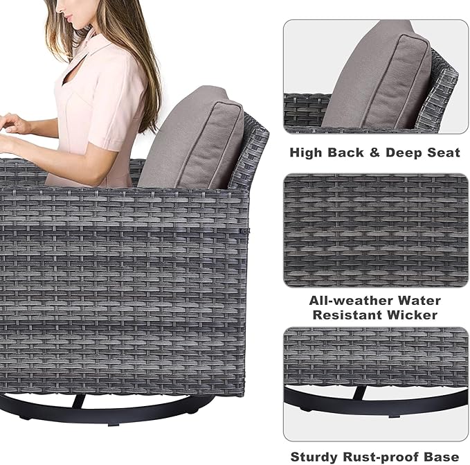Belord 6 Piece Outdoor Furniture Patio Wicker Sofa Set, Oversize Outdoor Swivel Rocker Chairs with Rattan Ottomans, Conversation Sets Patio Furniture Come with Removable Washable Cushion Grey