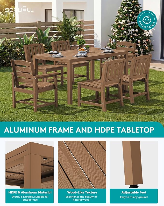 SERWALL 11-Piece Outdoor Dining Set, 60" - 83" Expandable Outdoor Dining Table and 10 HDPE Chairs, All Weather HDPE Outdoor Furniture Set for Backyard, Garden, Brown