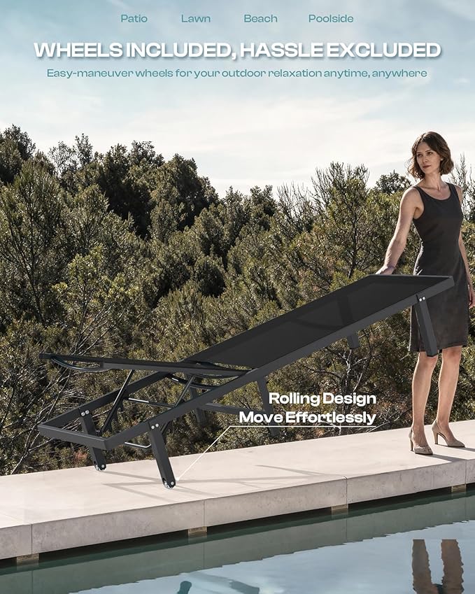 Lounge Chair Outdoor with Wheels, Aluminum Patio Chaise Lounge Chair with 5 Adjustable Backrest - Easy to Move- Pool Lounge Chairs for Deck, Beach, Poolside (Black)