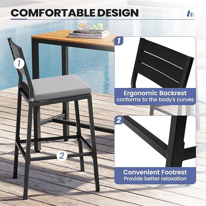 Crestlive Products Outdoor Bar Stools Set of 4, Patio Counter Height Barstools with Cushions, Tall Chairs with Back and Footrest for Deck, Lawn, Garden, Backyard, Poolside, Or Indoor Use (Light Gray)
