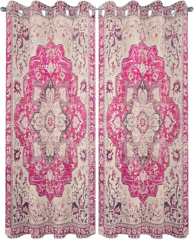 Pink Bohemian Outdoor Curtains for Patio Waterproof, Grommet Privacy Curtain Drapes Weatherproof Outside Curtains for Porch GazeboPergola Cabana 2 Panel 54x108inch Medallion Floral Geometric Printed