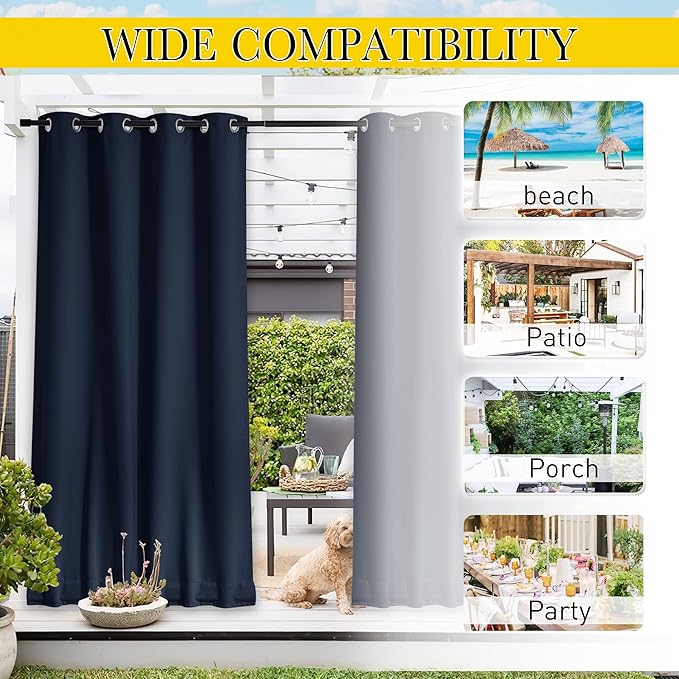 NICETOWN 2 Panels Outdoor Curtains for Patio Waterproof & Windproof, Thermal Insulated Top & Bottom Grommet & Back Tab Sun Blocking Outdoor Drapes with Fixed Rope for Gazebo, Navy Blue, W66 x L90