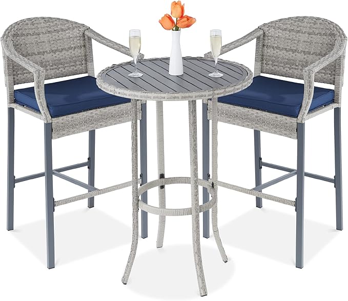 Best Choice Products 3-Piece Patio Bar Table Set, Outdoor Wicker Bar Height Bistro Furniture for Backyard, Poolside, Balcony w/Barstools, Cushions, Steel Frame – Gray/Blue