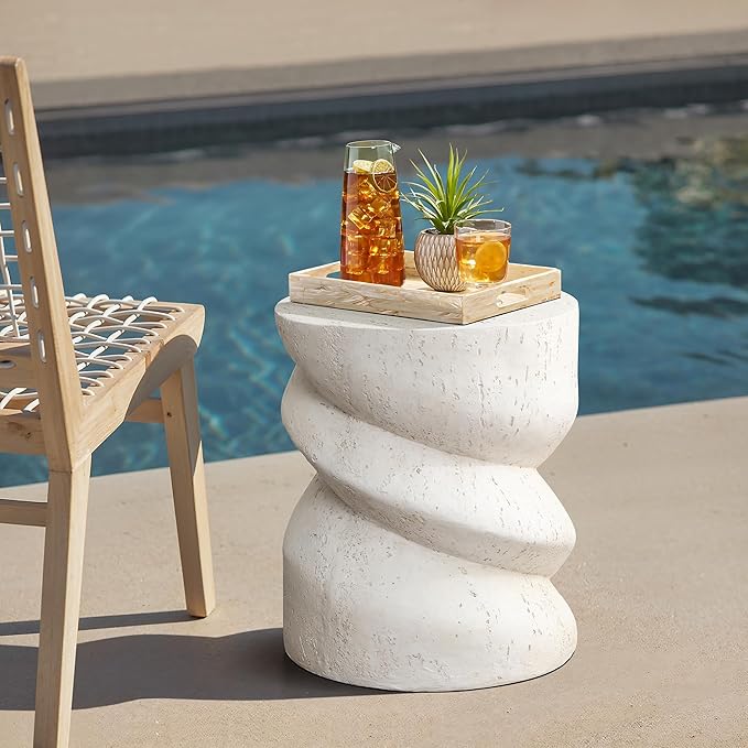 LuxenHome Outdoor Side Table, 19” MgO Accent Table for Patio, Distressed Round Spiral End Tables, Outdoor Concrete Side Tables for Porch, Backyard, Outside, Drum Table, Plant Stand, Ivory