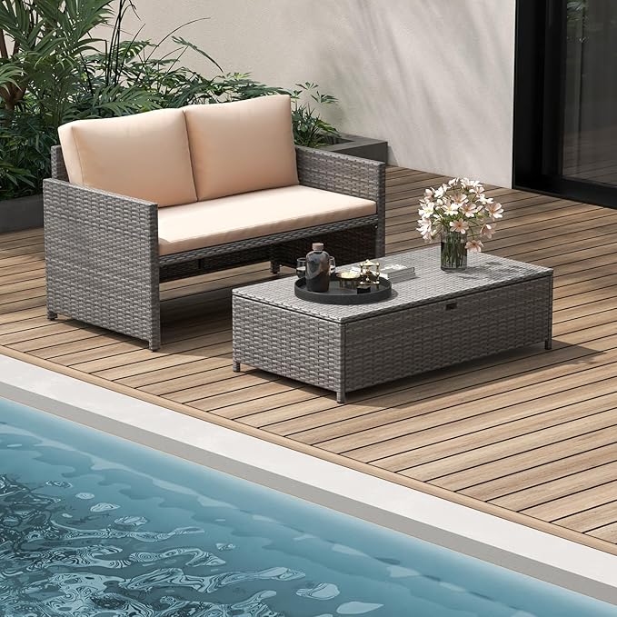 Tangkula Outdoor Rattan Daybed, Wicker Loveseat & 31 Gallon Storage Ottoman w/Soft Cushions, Space-Saving 2-Person Sun Lounger Daybed for Backyard, Porch (Beige)