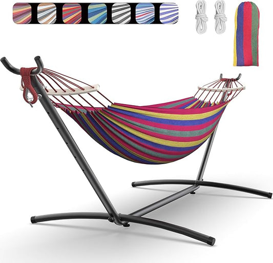 Double Hammock with Heavy-Duty Steel Stand,Portable,Easy Assembly,600lbs Weight Capacity,Suit for Indoor,Yard,Camping,or Outdoor-Wide Red