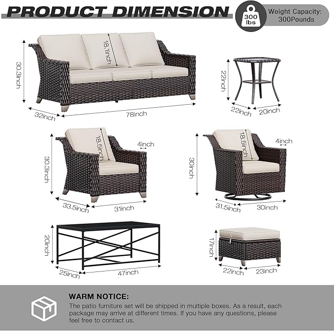 Joyside Wicker Patio Furniture Sets, 8 Pieces Upgraded Large Size Outdoor Furniture with Swivel Rocking Patio Chairs, Patio Dining Chair, 3-Seat Sofa, Outdoor Ottoman, Thick Cushions, Wide Armrest