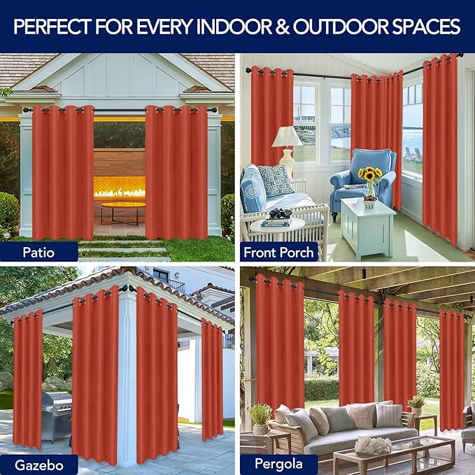PureFit Outdoor Curtains for Patio Waterproof Weatherproof, UV Resistant Outside Curtains for Gazebo, Front Porch, Pergola, Sun Blocking Privacy Curtain, 52W x 108L inch, 1 Panel, Red Clay