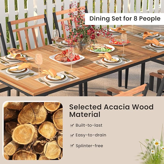 Tangkula 9-Piece Patio Dining Set, 79" Rectangle Dining Tables with 8 Wooden Armchairs, Outdoor Acacia Wood Dining Furniture Set with 1.9" Umbrella Hole for Garden, Porch, Deck