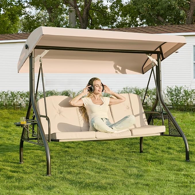3-in-1 Convertible Outdoor Swing for Adults, Outdoor Porch Swing with Stand 800lb Bearing Capacity, 3-Seat Outdoor Swing with Canopy Adjustable, Thickened Cushions (Round, Khaki)